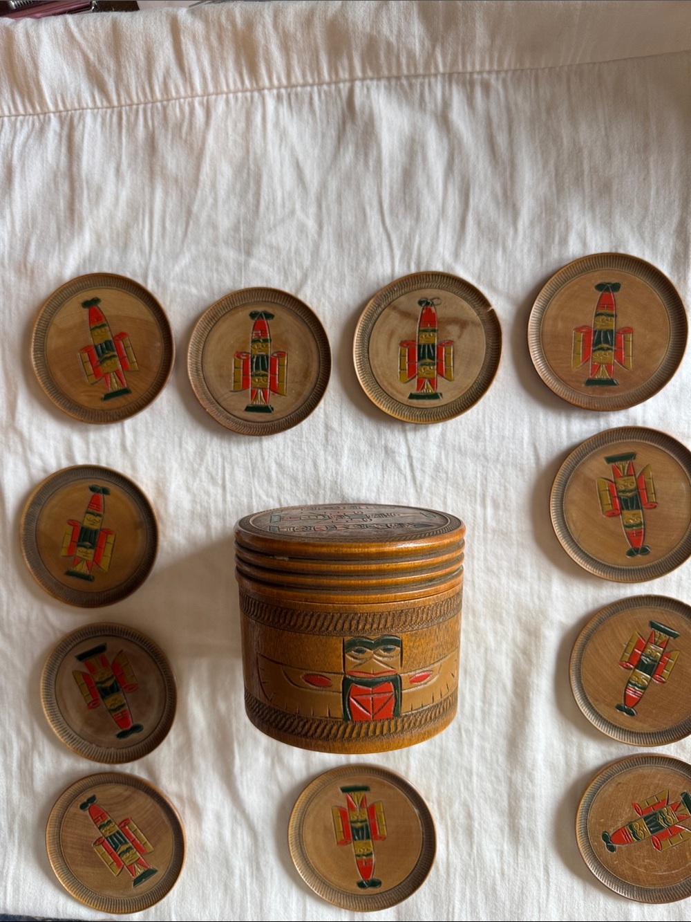 Handcrafted Tan & Red Native-Inspired Decorative Box with 11 Matching Coasters